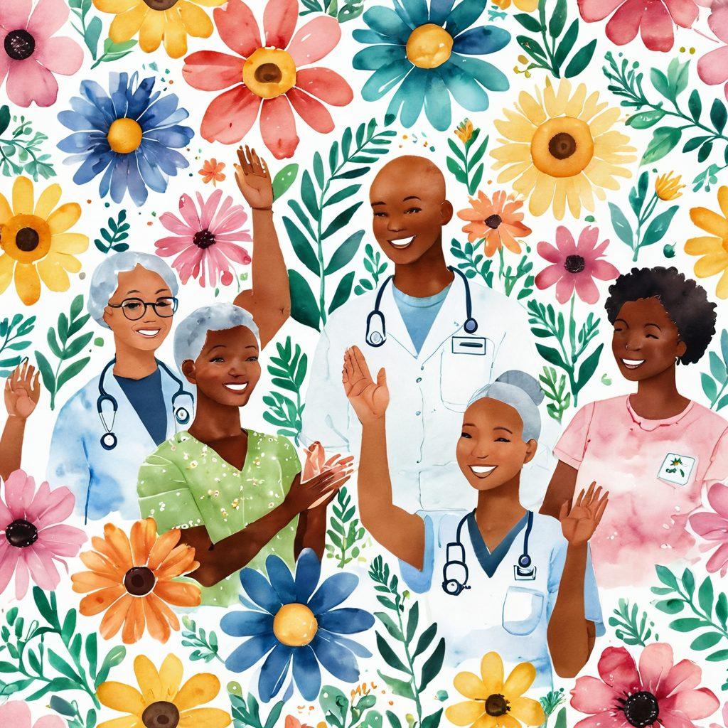 A heartfelt illustration of diverse cancer survivors sharing their stories in a supportive environment, surrounded by symbols of hope like blooming flowers, sunlight, and supportive hands. Include elements of medical research such as colorful charts and lab equipment subtly integrated in the background. Evoke emotions of resilience and unity, emphasizing wellness and hope. vibrant colors. watercolor style.
