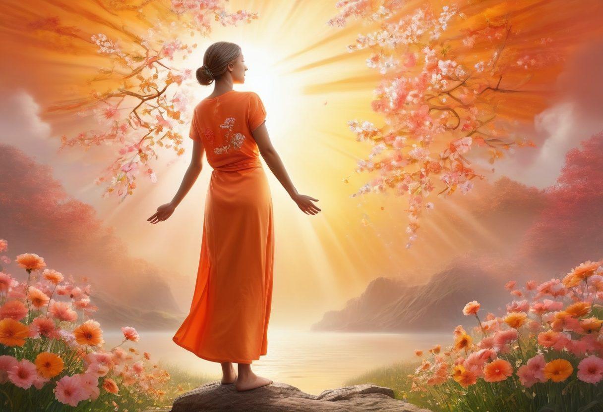 A courageous cancer warrior stands strong, surrounded by symbols of hope like a rising sun and blooming flowers. Infographics illustrating various treatment options float gracefully around them, blending seamlessly with images of supportive friends and family. The background should evoke a sense of calm and resilience with soft, warm colors. Depict diverse individuals to represent unity in the oncology journey. super-realistic. vibrant colors. serene background.