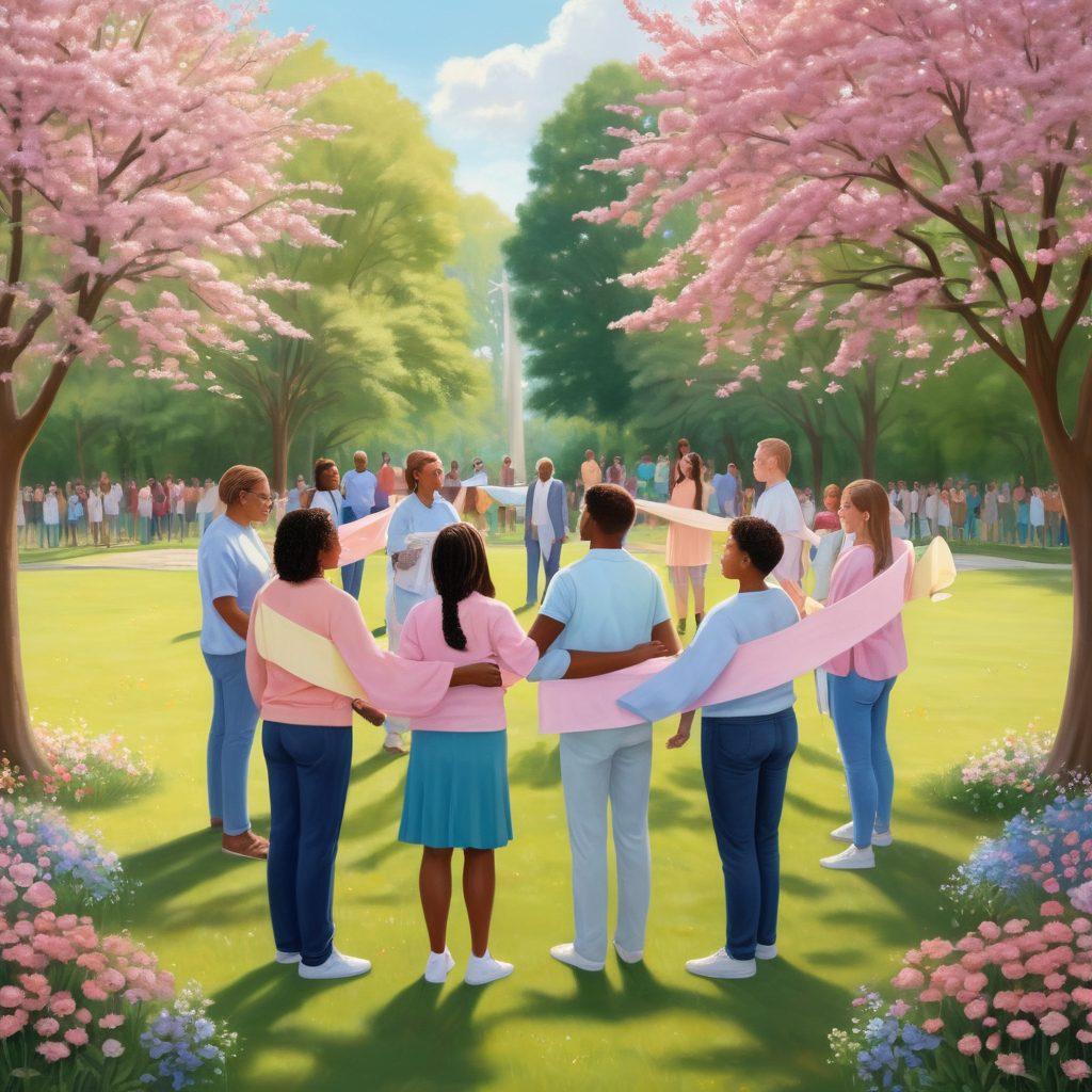 A diverse group of individuals standing in a circle, embracing each other in support, with a backdrop of a serene park filled with trees and flowers. Some are sharing stories, while others are listening attentively, showcasing empathy and unity. Incorporate symbols of advocacy like ribbons and banners. The overall atmosphere should convey hope and resilience. soft pastel colors. 3D.